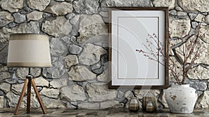 Blank picture frame mockup on stone wall. 3d rendering.