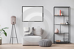 Blank picture frame mockup on wall in modern minimalist interior.Horizontal artwork template
