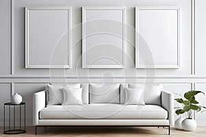 Blank picture frame mockup on white wall. Modern living room design. View of modern scandinavian style interior with sofa.