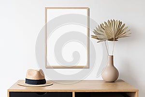 Blank picture frame mockup on white wall vertical template. Artwork in minimal interior design.