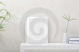 Blank picture frame mockup on white wall. White living room design. View of modern scandinavian style interior