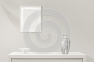 Blank picture frame mockup on white wall. White living room design. View of modern scandinavian style interior