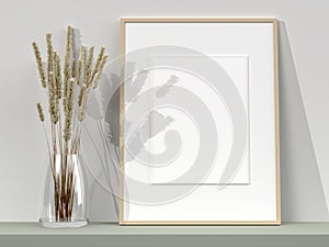 Blank picture frame for photographs, art, graphics with Leaves. Frame poster mockup template on the wall in home interior. 3D