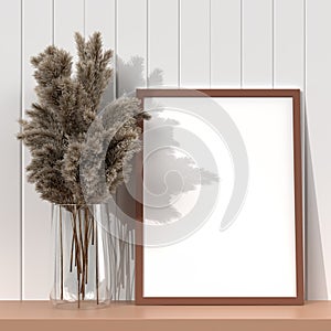 Blank picture frame for photographs, art, graphics with Leaves. Frame poster mockup template on the wall in home interior. 3D