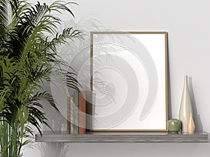 Blank picture frame for photographs, art, graphics with Leaves. Frame poster mockup template on the wall in home interior. 3D