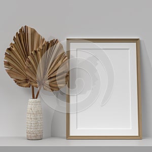 Blank picture frame for photographs, art, graphics with Leaves. Frame poster mockup template on the wall in home interior. 3D