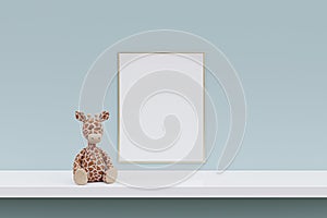 Blank picture frame with stuffed toy animal on a white shelf. 3d rendered illustration