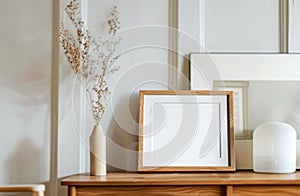 Blank Picture Frame on Wooden Console Table Next to Dried Flowers in Modern Interior