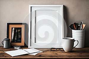 Blank picture frame on wooden table with books, cup of coffee and laptop, mock up