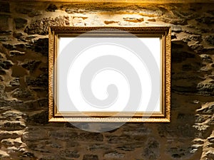 Blank picture hanging on an old rural wall and vintage frame