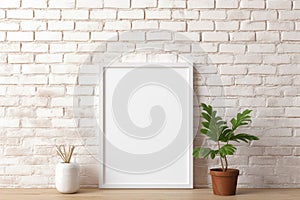 Blank picture vertical frame mockup on a stone white brick wall, boho style, modern, minimalist