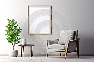 Blank picture vertical frame mockup on a stone white gray wall, boho style, modern, minimalist