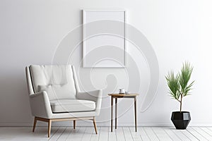 Blank picture vertical frame mockup on a stone white gray wall, boho style, modern, minimalist