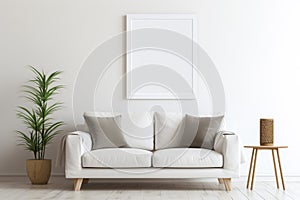 Blank picture vertical frame mockup on a stone white gray wall, boho style, modern, minimalist