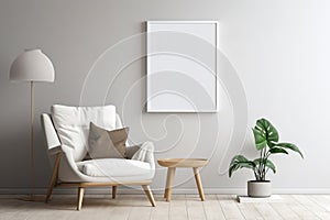 Blank picture vertical frame mockup on a stone white gray wall, boho style, modern, minimalist