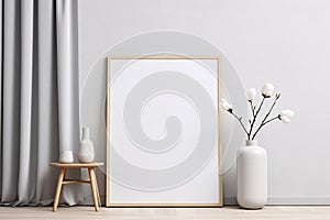 Blank picture vertical frame mockup on a stone white gray wall, boho style, modern, minimalist