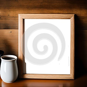 Blank picture in a wooden frame in front of a wooden wall