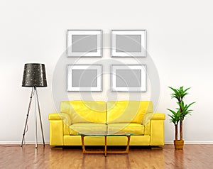 Blank pictures on the white wall weigh over the yellow sofa.
