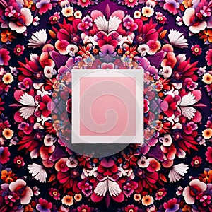 A blank piece of paper surrounded by an explosion of flowers. floral background, Mockup, colorful background