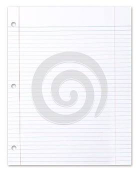 Blank Piece of School Lined Paper on White