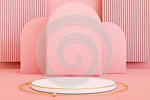 Blank pink cylinder podium on pink background, showcase for product