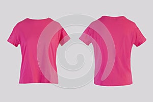 Blank pink female t-shirt Isolated on white background front and back rear view