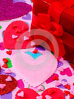 Blank pink heart with heart back ground and red gift box