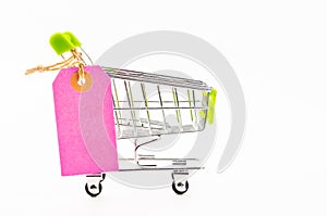 Blank pink paper price tag with shopping cart.