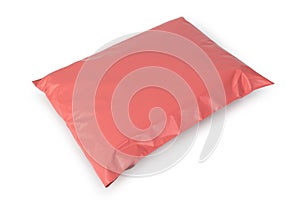 Blank pink plastic bag package mockup isolated on white background with clipping path