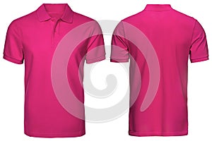 Blank pink polo shirt, front and back view, isolated white background. Design polo shirt, template and mockup for print.