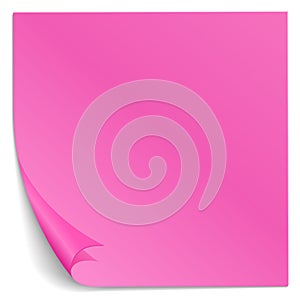 Blank pink sticky note. Curled corner paper