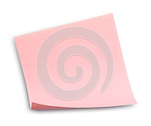 Blank pink sticky note on white background, top view