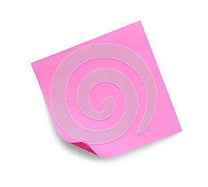 Blank pink sticky note on white background, top view