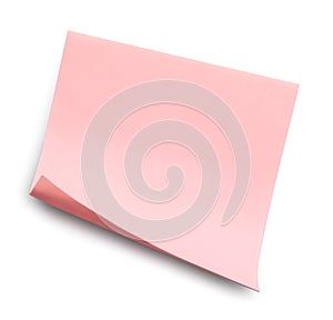 Blank pink sticky note on white background, top view