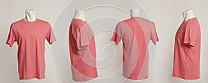 Blank pink tshirt template  from four sides  natural shapes on mannequins