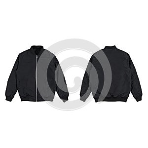 Blank plain bomber jacket isolated on white background. black bomber jacket. parachute jacket. front and back view