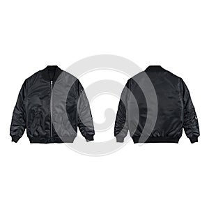 Blank plain bomber jacket isolated on white background. black bomber jacket. parachute jacket. front and back view