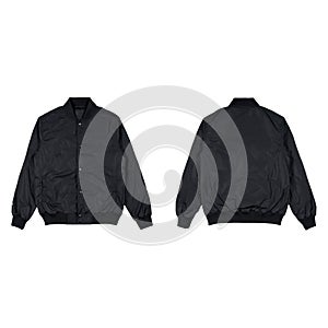 Blank plain bomber jacket isolated on white background. black bomber jacket. parachute jacket. front and back view. for mockup