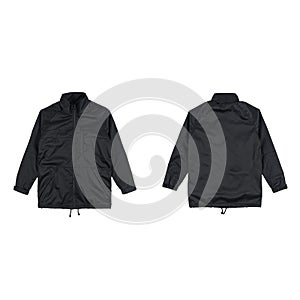 Blank plain coach jacket black color front and back view, isolated on white background. ready for your mock up design project