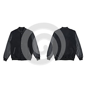 Black varsity jacket front and back view isolated on white background, ready for your mock up design photo
