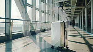 Blank plain White luggage suitcase bag mock up isolated in airport hallway, travel and adventure concept