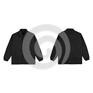 Blank plain windbreaker jacket black color front and back side view isolated on white background. ready for your mock up
