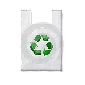 Blank plastic bag with green recycling sign