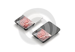 Blank plastic beef tray with black and white label mockup