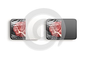 Blank plastic beef tray with black and white label mockup