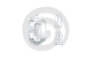 Blank plastic bottle in transparent shrink wrap mockup, different views