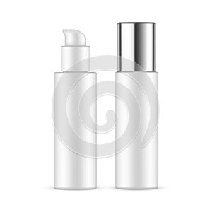 Blank Plastic Cosmetic Pump Bottle With Metal Cap, Opened and Closed Mockup