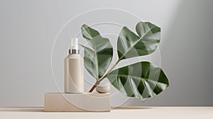 Blank plastic cosmetics container for cream or shampoo. Cosmetics bottle mockup with tropical leaves