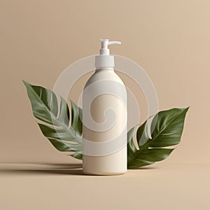Blank plastic cosmetics container for cream or shampoo. Cosmetics bottle mockup with tropical leaves