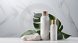 Blank plastic cosmetics containers for cream or shampoo. Cosmetics bottle mockup with tropical leaves